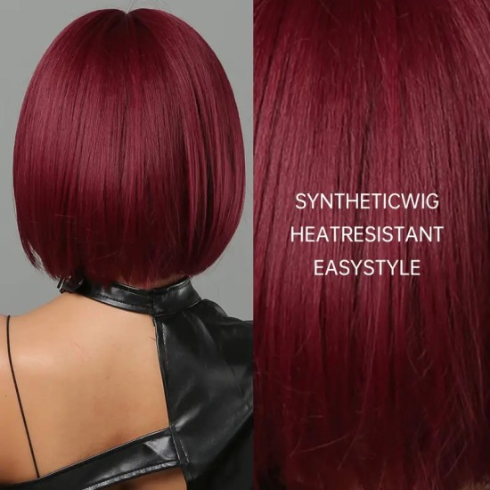 Short Bob Straight Wine Red Synthetic Bangs Wigs For Women Cosplay Party Daily Use High Temperature Fiber Short Bob Straight Wine Red Synthetic Bangs Wigs For Women Cosplay Party Daily Use High Temperature Fiber